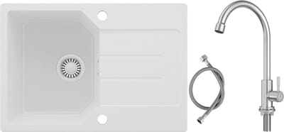 Anycee MAX Spoelbak Keuken Wit - Granieten Spoelbak 65x45CM - Spoelbakken Keuken Met Koudwater Keukenkraan - Spoelbakken Met Afdruip - Opbouw Spoelbak