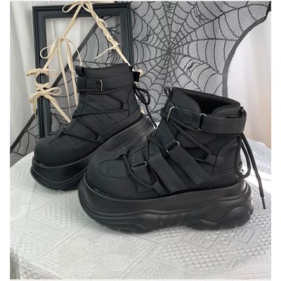 Goth Dark Punk Rock Muffin Dames Plateauschoenen Zwart Mat Enkel Klittenband Zijgesp Veterschoenen Korte Laarzen 7cm 35 gray