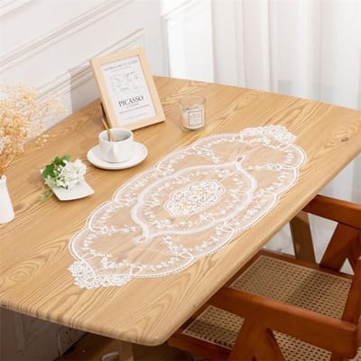Dailygoods- Tafelkleed Vintage - Decoratieve Tafelloper - Kanten Borduurwerk - Ovaal 42 x 220 cm - Polyester - Bruiloft/Feest Decoratie