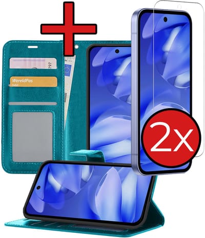 Hoesje - Met 2x Screenprotector - Geschikt voor Google Pixel 9a - Luxe Pasjeshouder - Flip Case - Bookcase Portemonee - Kunstleer Book Case - Flipcase Hoes - Book Cover - Walletcase - Portemonneehoes - Telefoonhoes - Turquoise
