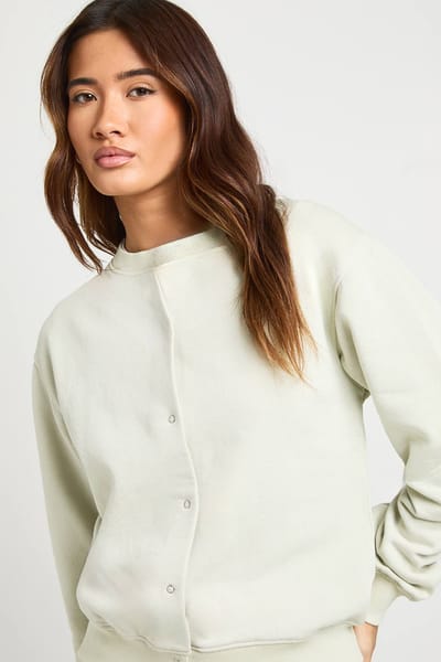 boohoo Dames Gewassen Popper Bomber Sweatshirt Wijde Pijpen Trainingspak | Stone | Maat: XS