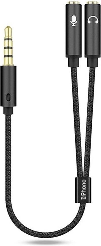 DrPhone DUO2 - 2 in 1 Aux 3.5mm Splitter - Y Splitter - TRRS 4-Pollig – Nylon gevlochten - Mannelijk naar dubbele 3,5 mm vrouwelijke audiokabel - Zwart