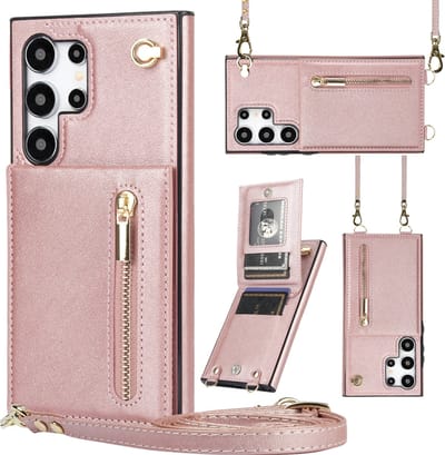 Stravo Samsung Galaxy S25 Plus Portemonnee Hoesje met Rits, Kaarthouder en Crossbody Lanyard Tas [Afneembare Schouderriem] met Kickstand - Rosé goud