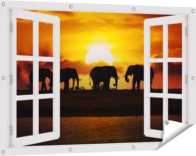 Gards Tuinposter Doorkijk Silhouet Olifanten tijdens Zonsondergang - 120x80 cm - Tuindoek - Tuindecoratie - Wanddecoratie buiten - Tuinschilderij
