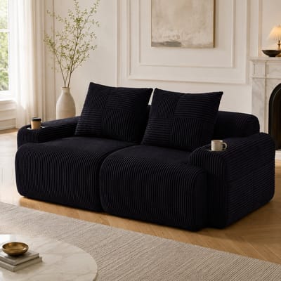Modulaire corduroy bank 2-zits - Zwart - Incl. bekerhouder en opbergtas, modulair te combineren - Extra zacht kussen met hoogdicht schuim, slijtvaste stof - Geschikt voor woonkamer, appartement en lounge