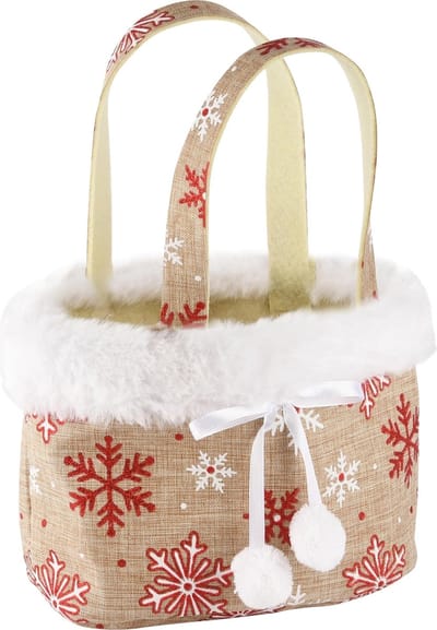 Dekoratief | Zakje m/sneeuvlokken, naturel/rood/wit, jute, 10x14x25cm | A245727