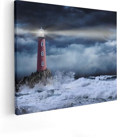 Artaza Canvas Schilderij Zee - 50x40 cm - Wanddecoratie Vuurtoren - Muurdecoratie Onweer - Schilderijen Op Canvas