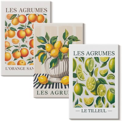Wallfluent Set van canvas schilderijen - Citrusvruchten in verschillende kleurrijke en frisse varianten Canvas Schilderijen Set - set 3 stuks 20x30 cm - Oranje Set van Canvas Prints - Voedsel Canvas Kunst Set - Boheemse Canvas Kunst Set