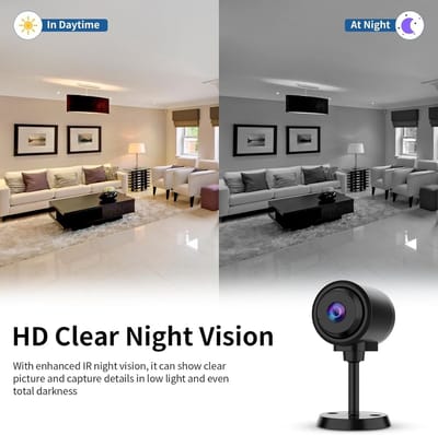 Kleine camera voor huisbeveiliging 1 stuk, 2,4 GHz wifi, draagbaar, werkt op batterijen, met infrarood nachtzicht, bewegingsdetectie, 136° groothoeklens, babyfoon, kleine bewegingsgeactiveerde camera (1 stuk)