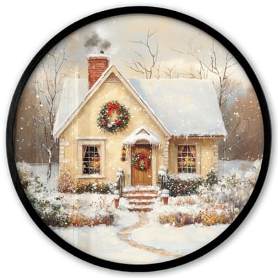 Poster in lijst Rond - Fotolijst 40x40 cm - Posters - Kerst - Huis - Winter - Sneeuw - Ronde posterlijst zwart - Decoratie - Wanddecoratie woonkamer - Muurdecoratie slaapkamer - Kerstversiering - Kerstdecoratie voor binnen - Kerstmis