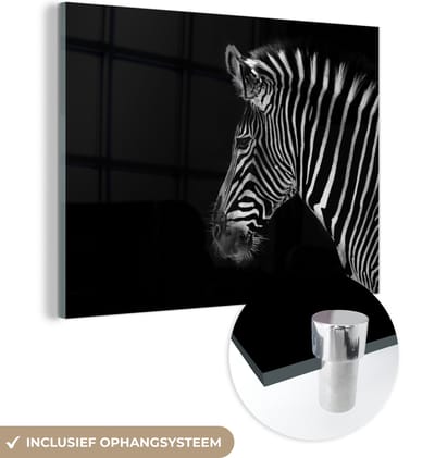 MuchoWow® Glasschilderij 160x120 cm - Schilderij acrylglas - Zebra - Wilde dieren - Zwart - Foto op glas - Schilderijen