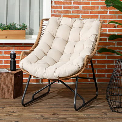 Pugsdrly Tuinlounge, rotanlook, buitenfauteuil, met kussen, metalen frame, 75 x 101 x 90 cm, naturel/kaki/zwart