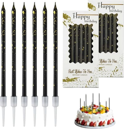 SnelShoppen - 12pcs Zwarte Gouden Verjaardagskaarsen - Dun & Lang, Geurvrij, Niet-Toxisch met Houder - Decoratieve Kaarsen voor Verjaardag, Bruiloft,