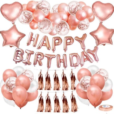 YAGXIG Happy Birthday Rose Gold Ballonnenset - Verjaardagsfeestdecoraties - Verrassingsfeest - Inclusief ballonnen, linten en accessoires - Set bevat pailletten en kwastjes als achtergronddecoraties (72 stuks)