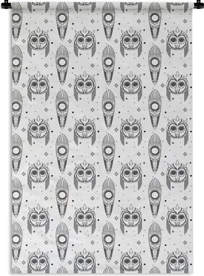 Wandkleed - Wanddoek - Maya - Maskers - Zwart-Wit - Patroon - 120x180 cm - Wandtapijt