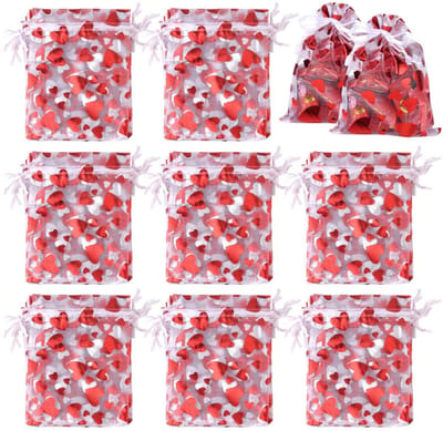 Dailygoods- Snoepzakjes 120 Stuks - Valentijnsdag Zakjes - Organza Zakjes - Trekkoord Zakjes - Doorschijnend met Hartjes - 10x12cm - Geschenkzakjes