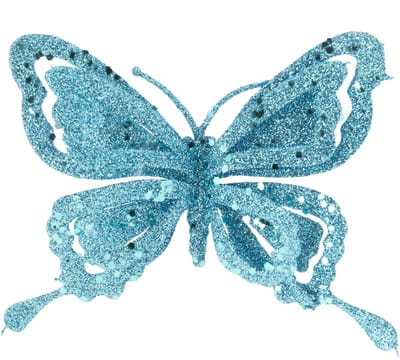 Kerstboomversiering Vlinder - 14 cm - blauw glitter - op clip - ornament