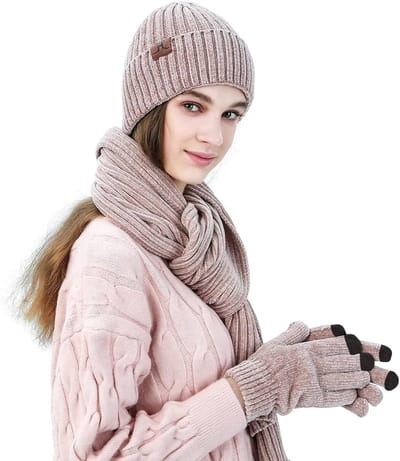 Winter 3 In 1 Sjaal, Muts en Handschoenen Set voor Dames en Heren - Gebreide Beanie, Jacquard Sjaal en Touchscreen Handschoenen van Zacht Chenille, Roze
