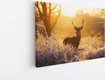 Saammp Canvas Schilderij - Natuur - Hert in wei - winter - Dieren - 45x30 - Foto op canvas - Wanddecoratie - Muurdecoratie Woonkamer - Slaapkamer decoratie - Canvas Print