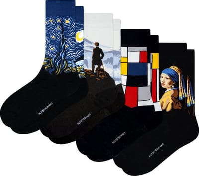 Kunst sokken - Meesterlijke contrasten 4-pack: Mondriaan, da Vinci, Gustav Klimt, Munch - Sokken Dames 36 40 - Biologisch Katoenen Sokken - funny socks happy - Vrolijke Sokken - Grappige Sokken - Sokken Cadeau