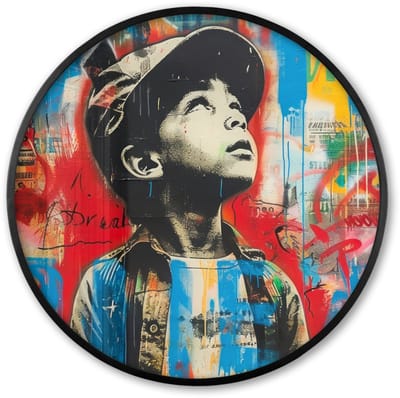 Poster in lijst Rond - Fotolijst 60x60 cm - Posters - Graffiti - Jongen - Street art - Kleuren - Ronde posterlijst zwart - Decoratie - Wanddecoratie woonkamer - Muurdecoratie slaapkamer