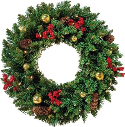 Buxibo PVC Kerstkrans met LED-verlichting, Dennenappels, Rode Bessen en Kerstballen - Met 30 lampjes op batterijbox - 110 takken - 40cm -