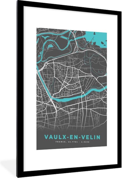 Fotolijst incl. Poster - Vaulx-en-Velin - Frankrijk - Plattegrond - Stadskaart - Kaart - 60x90 cm - Posterlijst