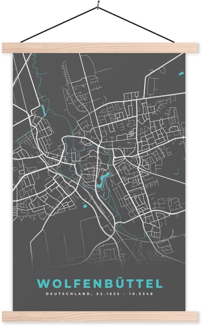 Posterhanger incl. Poster 60x90 cm - Schoolplaat - Stadskaart – Plattegrond – Duitsland – Blauw – Wolfenbüttel – Kaart - Textielposter - Blanke latten - Stadskaart