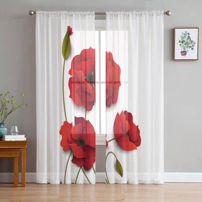 Rode Bloem Papaver Bloem Tule Gordijnen Voor Woonkamer Decoratie Modern Chiffon Transparant Voile Keukengordijn 135W x 114H(cm) white