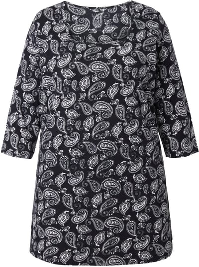 Ulla Popken - Dames - Longshirt paisley A-Lijn carréhals 3/4-mouw - Zwart - Maat 42+