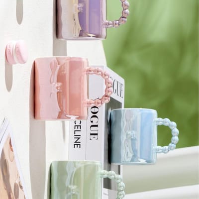 Creatieve Gepersonaliseerde Tas met Keramische Beker met Hoge Uitstraling Ins Stijl Mok voor Meisjes Kantoor Ontbijtbeker Drinkwaterbeker 400ML beige