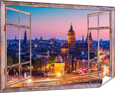 Gards Tuinposter Doorkijk Amsterdam Skyline bij Zonsondergang - 180x120 cm - Tuindoek - Tuindecoratie - Wanddecoratie buiten - Tuinschilderij