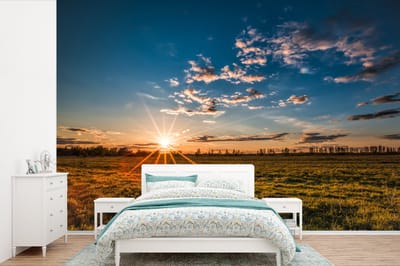 Behang - Fotobehang Zonsondergang - Natuur - Wolken - Gras - Breedte 390 cm x hoogte 260 cm