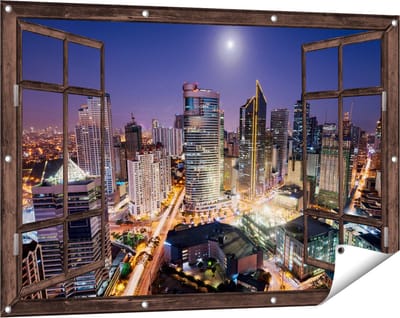 Gards Tuinposter Doorkijk Makati Stad Skyline in de Nacht in Thailand - 120x80 cm - Tuindoek - Tuindecoratie - Wanddecoratie buiten - Tuinschilderij