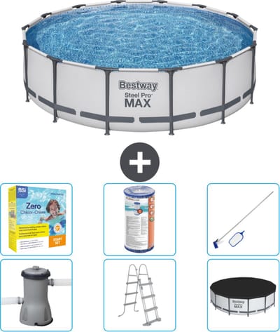 Bestway Rond Steel Pro MAX Zwembad - 427 x 107 cm - Grijs - Inclusief Pomp - Ladder - Afdekzeil Onderhoudspakket - Filter - Schoonmaakset