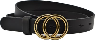LEUKE ZWARTE 2.5CM BREDE RIEM VAN SPLITLEER MET GOUD KLEURIGE GESP. MAAT 95