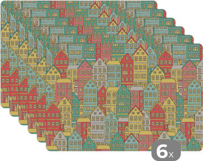 Placemat - Placemats kunststof - Huis - Patronen - Pastel - 45x30 cm - 6 stuks - Hittebestendig - Anti-Slip - Onderlegger - Afneembaar