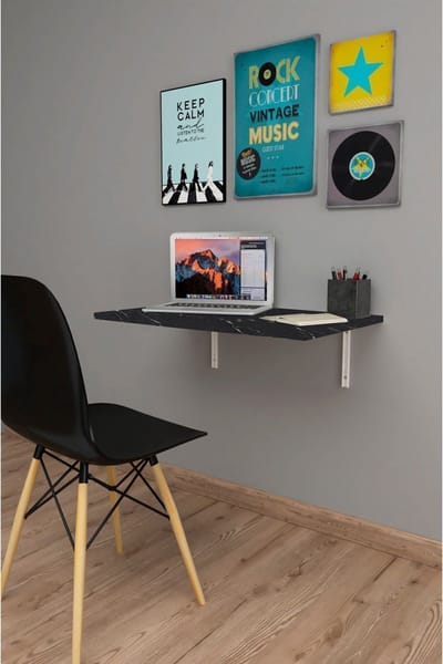 Nestly - 72x45 cm - Klaptafel - Wandtafel - Keukentafel - Balkontafel - Bureau - Mdf Zwart en Marmer