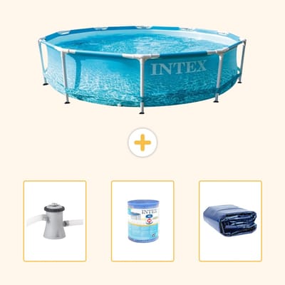 Intex Rond Frame Zwembad - 305 x 76 cm - Waterprint - Inclusief Zwembadfilterpomp - Filter - Solarzeil - 4-delig