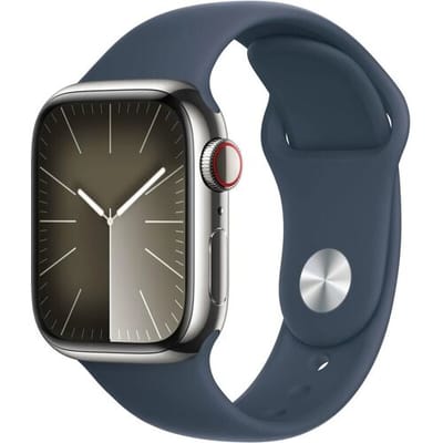Apple Watch Series 9 - GPS + Cellular - 41mm - Silver Stainless Steel Case with Storm Blue Sport Band - S/M