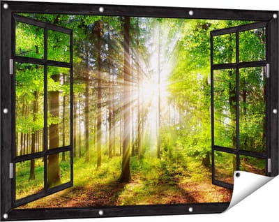 Gards Tuinposter Doorkijk Bos met Zon tussen de Bomen - 120x80 cm - Tuindoek - Tuindecoratie - Wanddecoratie buiten - Tuinschilderij