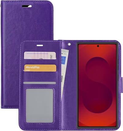 Hoesje - Met Pasjeshouder - Geschikt voor Samsung Galaxy S25 Ultra - Luxe Bookcase Portemonee - Flip Case - Kunstleer Book Case - Flipcase - Book Cover - Walletcase - Portemonneehoes - Paars