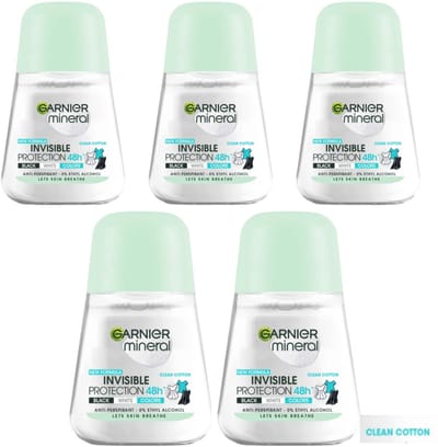 Garnier Mineral Invisible Protection Clean Cotton Deodorant Roll On - 5 x 50 ml