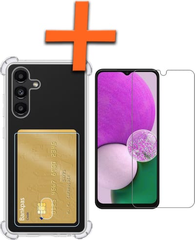 Hoes - Geschikt voor Samsung Galaxy A13 4G - Met Screenprotector - En Pashouder - En Kaarthouder - Telefoon Hoesje Shockproof - Siliconen Case - Back Cover - Shock Proof - Pasjes Houder - Transparant