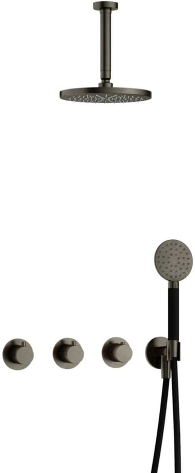 Hotbath Cobber - CB7067 - Inbouw Regendoucheset - Verouderd Ijzer - 2 Stopkranen - Thermostatisch - Plafondbuis 15 cm - Hoofddouche 200 mm - Ronde Handdouche 3 Standen - Waterbesparend