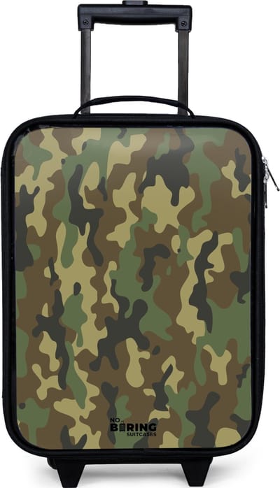NoBoringSuitcases.com® - Kinderkoffer jongen - Kindertrolley meisje - Groene camouflage met zandkleur - Koffer kind lichtgewicht - Reiskoffer trolley voor kinderen - Koffertje met lichtgevende wieltjes - Rolkoffer zwart