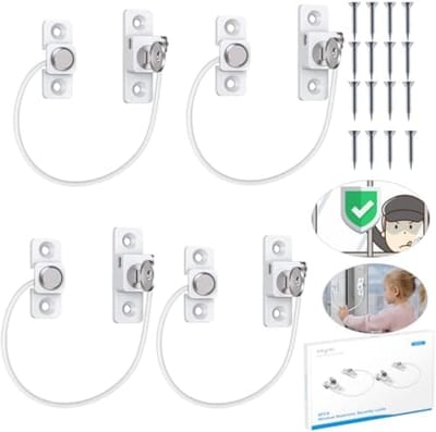 4 Pack Duurzame Raamsloten Kinderveiligheid 185mm/7.3 Inch Draad Lange Raam Beperking voor UPVC Venster Beveiligingssloten met Sleutel - Betrouwbare Venster Veiligheidsbeperking - Perfect voor Kinderen en Anti-Diefstal