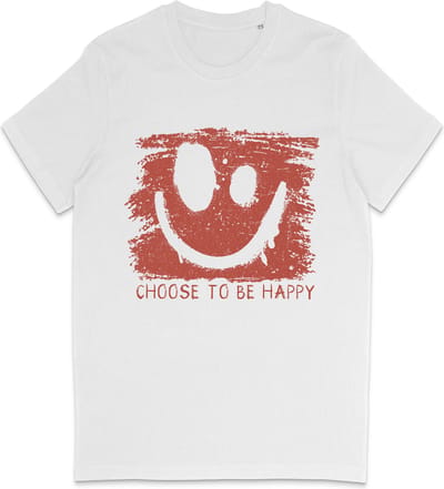 T Shirt Heren en Dames (Unisex) Be Happy Smiley Rode Grunge Print Opdruk - Wit - Maat XS