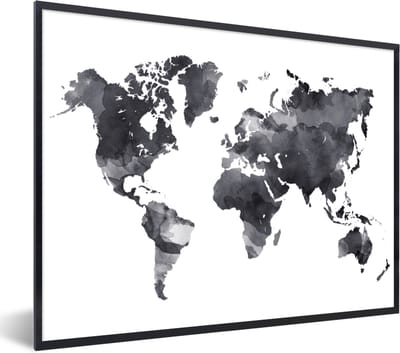 Poster in lijst - Fotolijst 80x60 cm - Posters - Wereldkaart - Waterverf - Zwart - Wit - Posterlijst zwart - Decoratie - Wanddecoratie woonkamer - Muurdecoratie slaapkamer