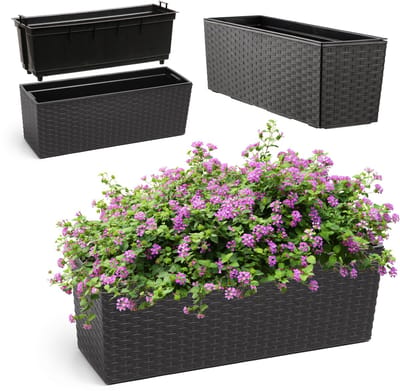 KADAX Bloembak van kunststof, 18,5 x 56 cm, plantenbak met inzetstuk, weerbestendige balkonbak, rechthoekige bloembak, bloempot voor buiten, rotan patroon, zwart